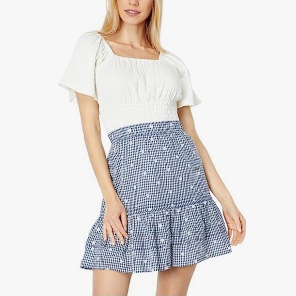 Madewell Embroidered Tiered Pull-On Mini Skirt in Gingham Check Size XS Preppy